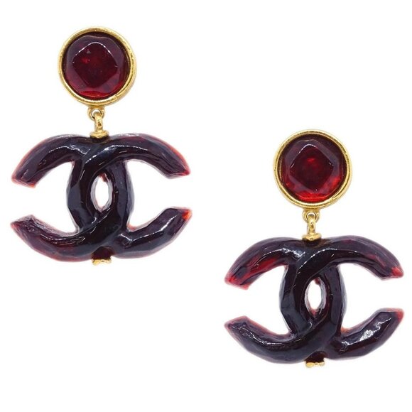 Chanel CC Dangle Earrings Gold Clip-On Red - Picture 1 of 5